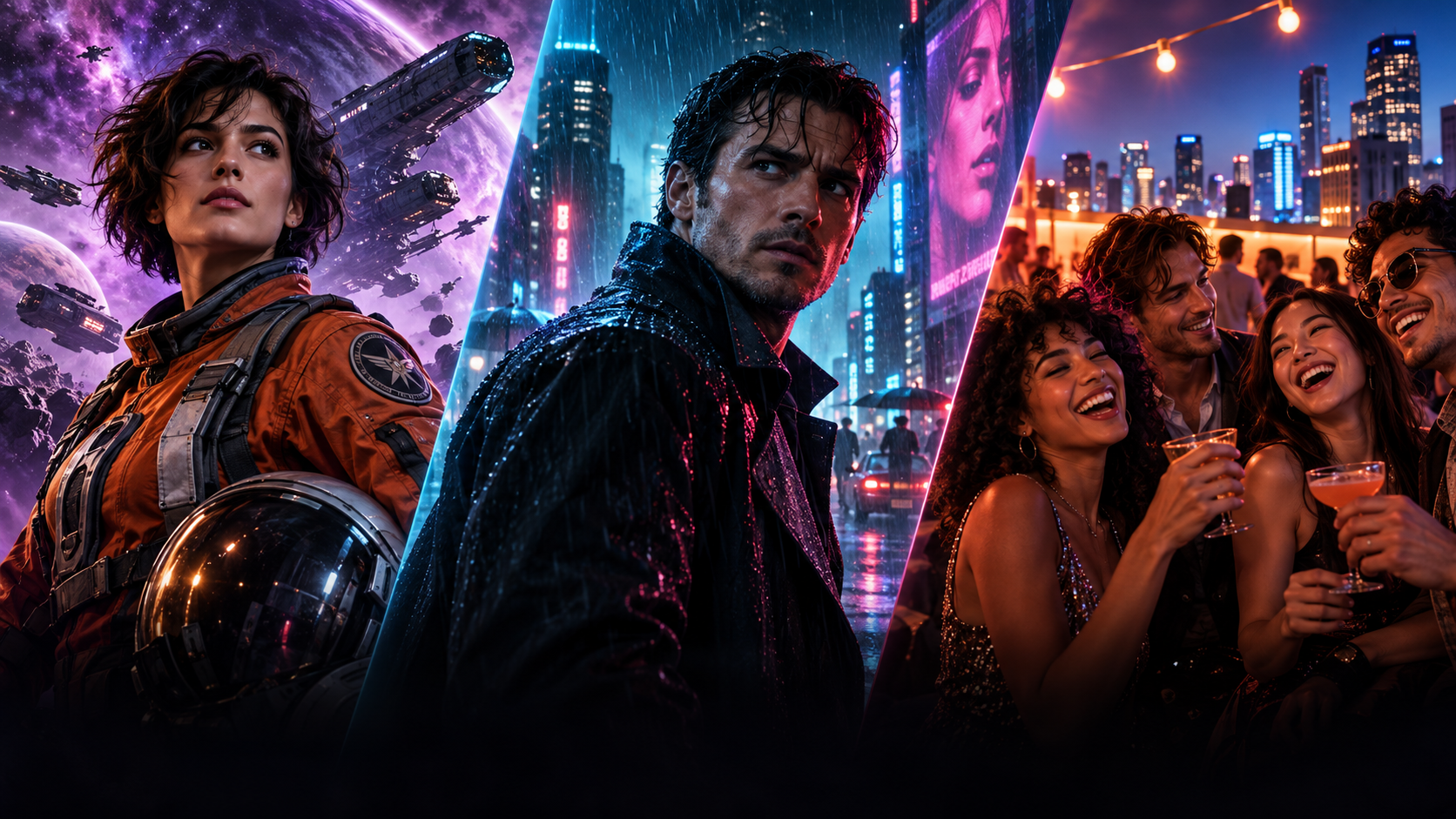 Illustrative movie-night artwork showing a space adventure, a neon-lit mystery and friends together